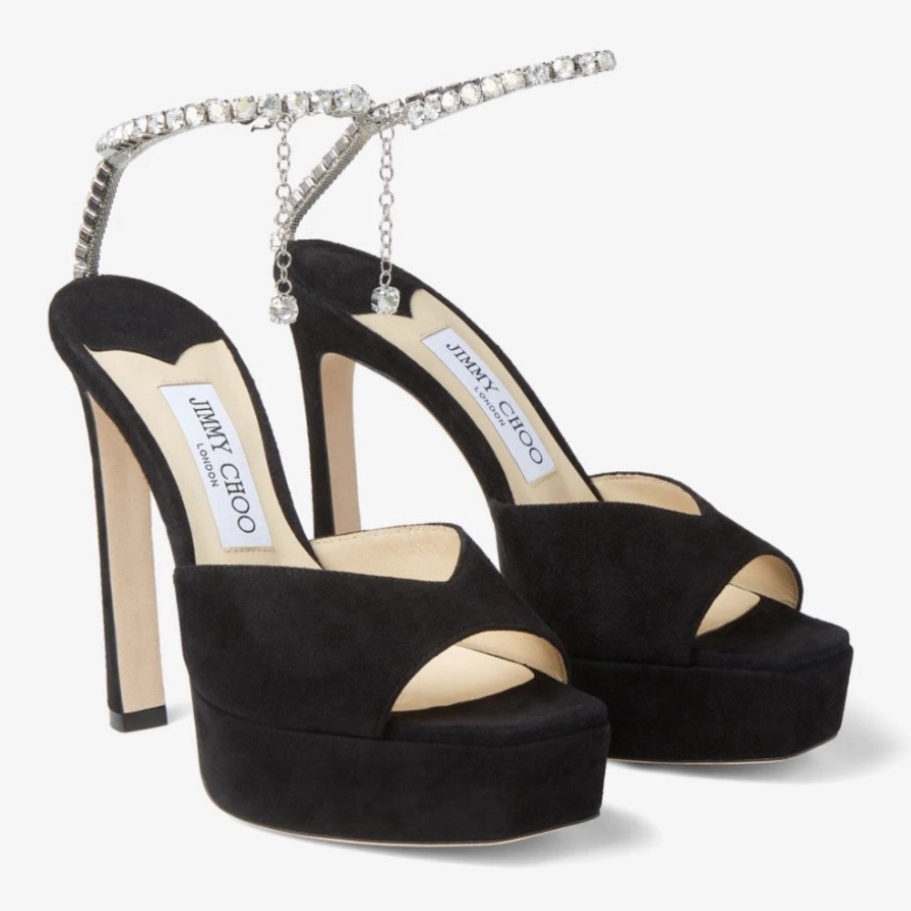Jimmy Choo Saeda Sandal in Suede with Crystal Chain NWOB